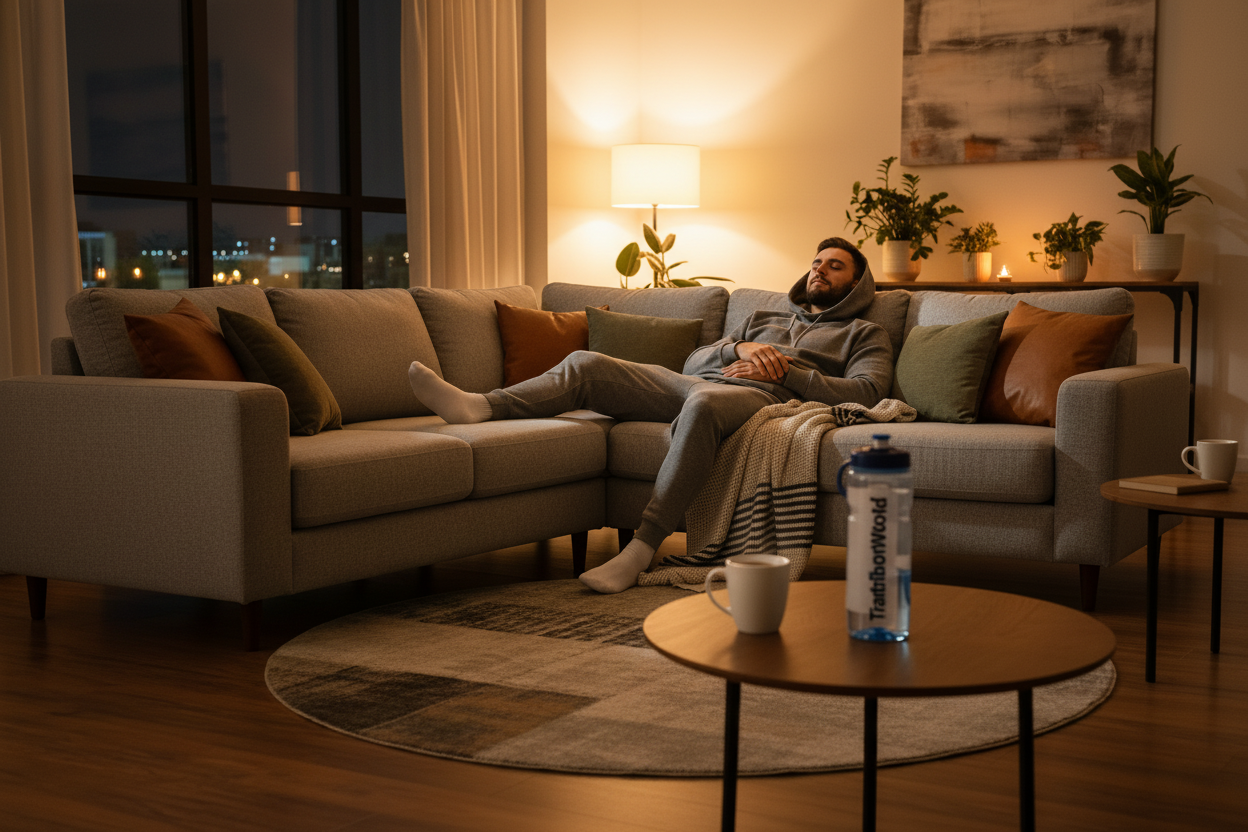 Sporter die op de bank hangt en geen zin heeft om te trainen.