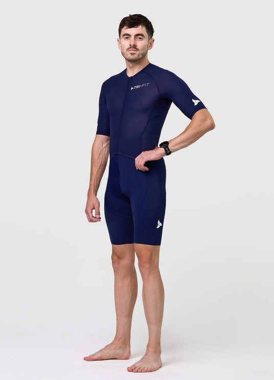 Side profile of men’s VANGUARD tri-suit in navy, showing ergonomic fit and full-body construction