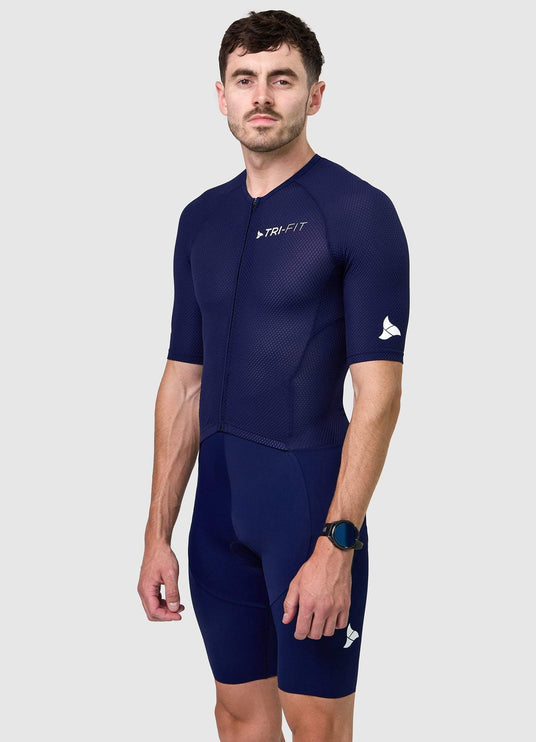 Side profile of men’s VANGUARD tri-suit in navy, showing ergonomic fit and full-body construction