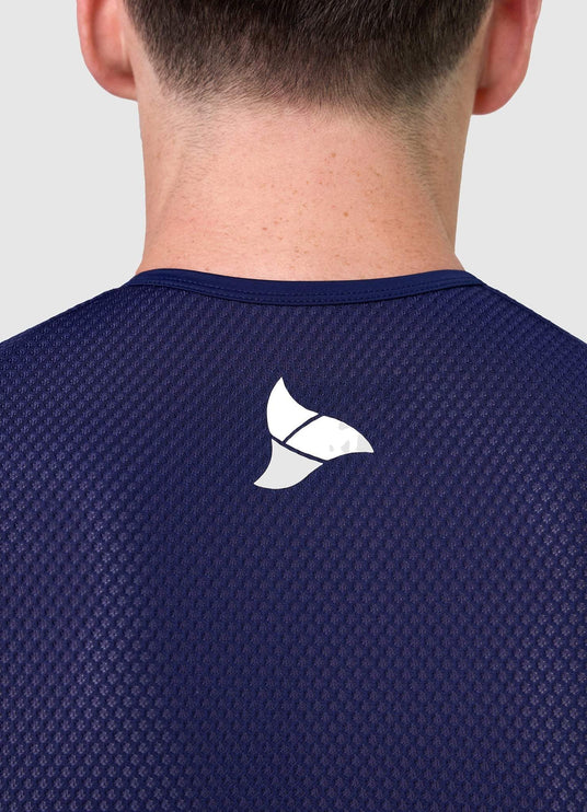 TRI-FIT logo on the rear collar of VANGUARD tri-suit in navy, printed on breathable mesh fabric