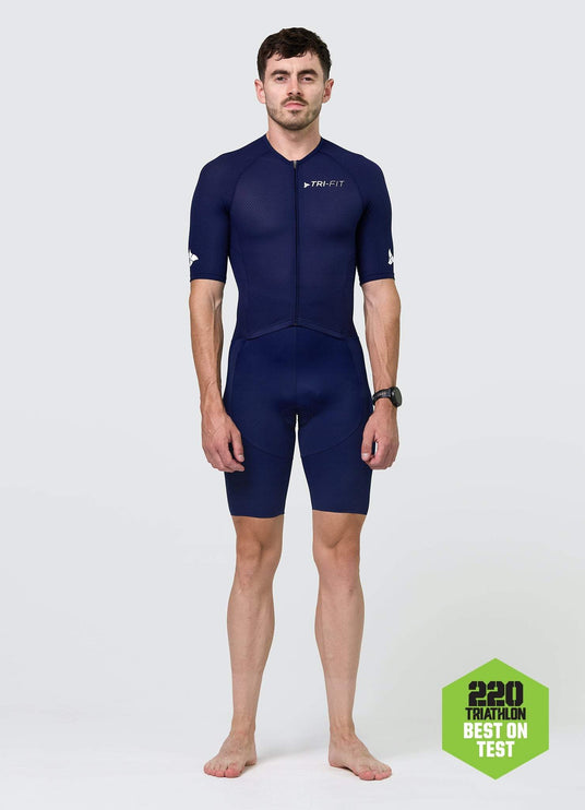 Front view of TRI-FIT men’s VANGUARD tri-suit in navy, featuring full-length zip and breathable upper. 220 BEST ON TEST.