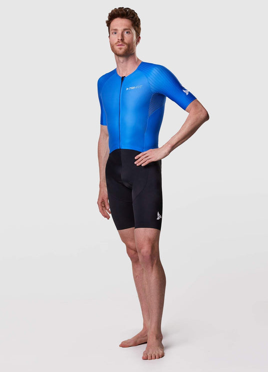 Man wearing a TRI-FIT EVO NEXT GEN BLUE triathlon suit on a white background with