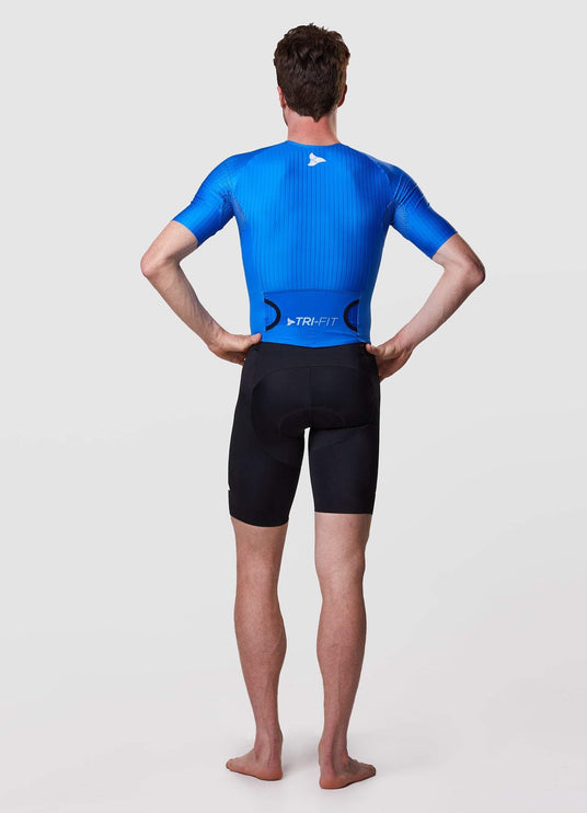 Man wearing a TRI-FIT EVO NEXT GEN BLUE triathlon suit on a white background with
