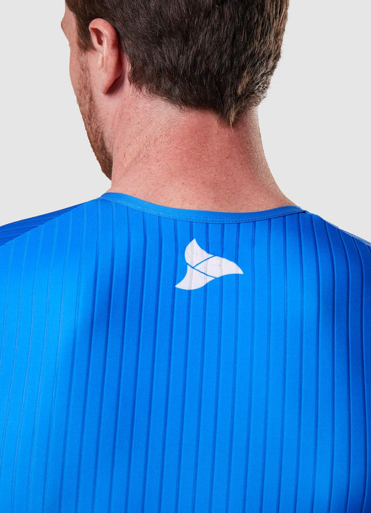 Man wearing a TRI-FIT EVO NEXT GEN BLUE triathlon suit on a white background.