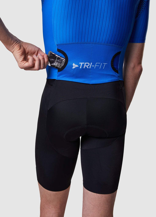 Man wearing a TRI-FIT EVO NEXT GEN BLUE triathlon suit on a white background with
