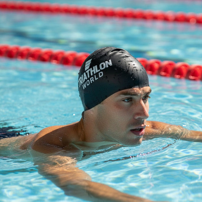 TriathlonWorld | Classic Silicone Swim Cap | Black / White