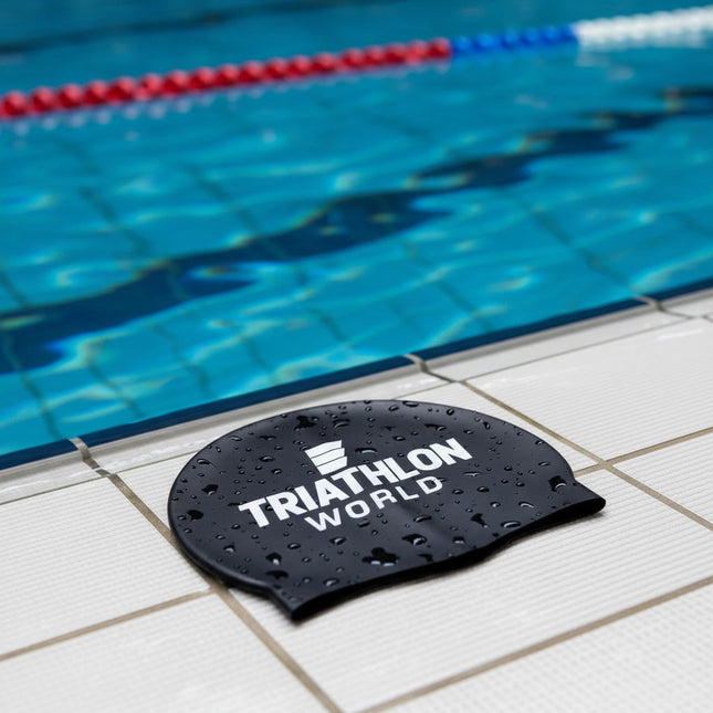 TriathlonWorld | Classic Silicone Swim Cap | Black / White